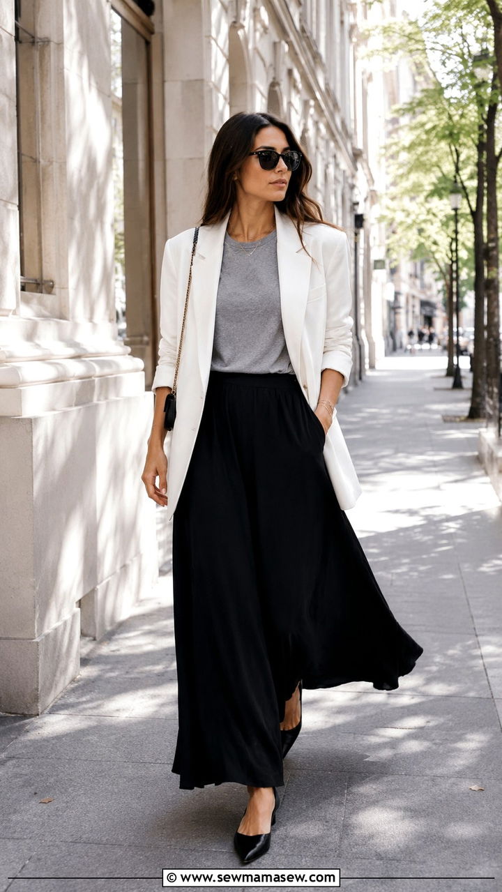 White blazer and black maxi skirt outfit - 30 Maxi skirt outfit ideas with a blazer
