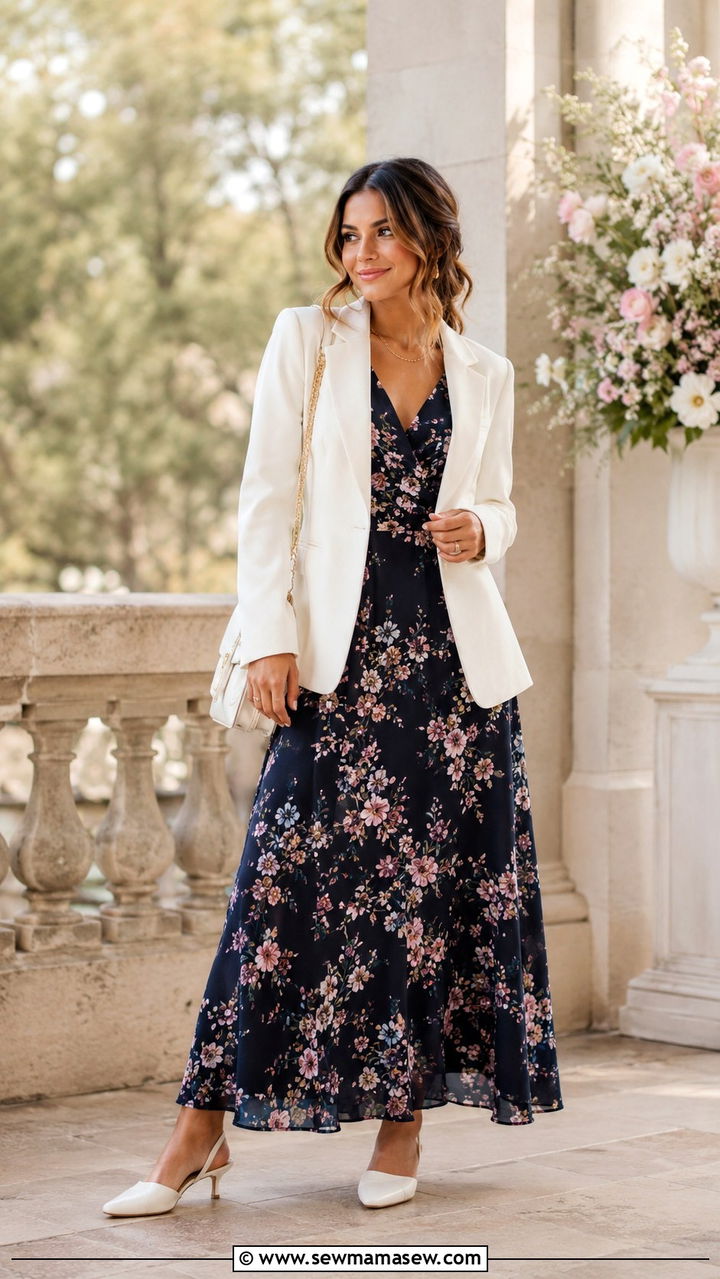 White blazer and floral maxi dress outfit - 30 Maxi dress with a blazer outfit ideas