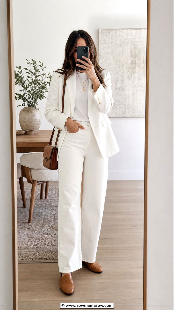 White blazer and white jeans for office - 25 White outfit ideas for work