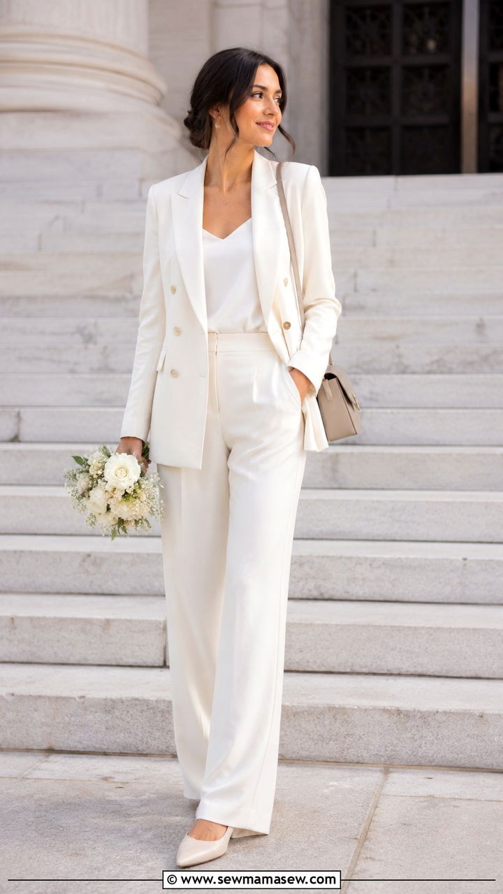 White blazer and wide leg trousers courthouse outfit - 20 Modest outfit ideas for bride