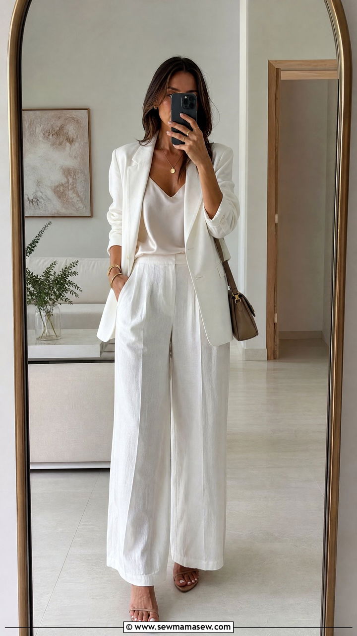 White blazer with linen trousers and silk cami - 25 How to style a blazer in summer