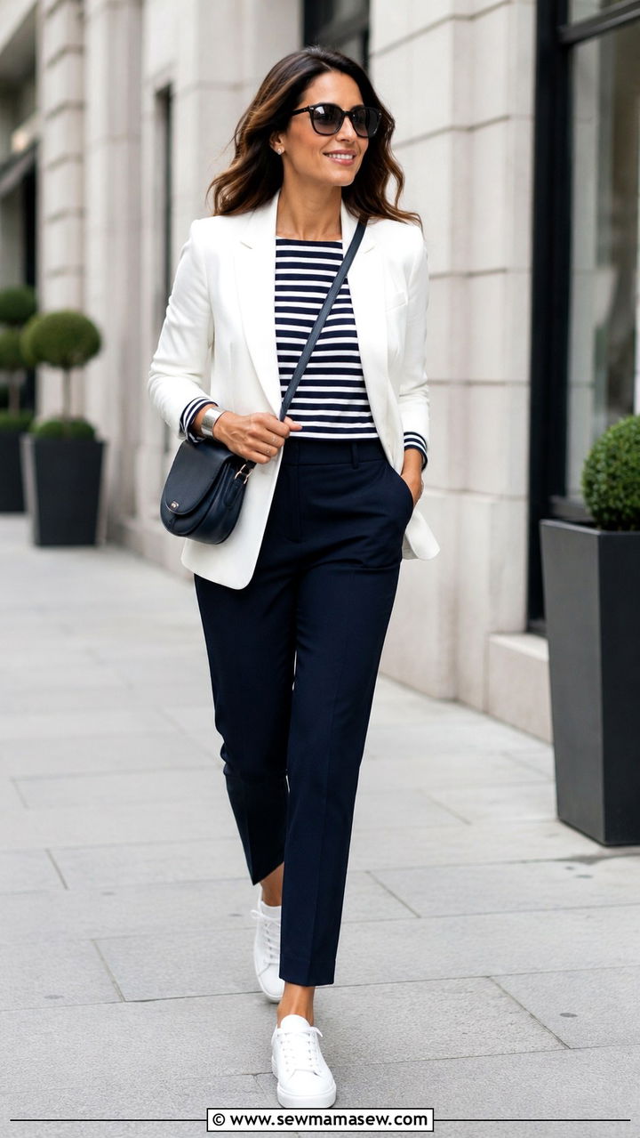 White blazer with striped shirt outfit - 30 How to style a blazer over 40