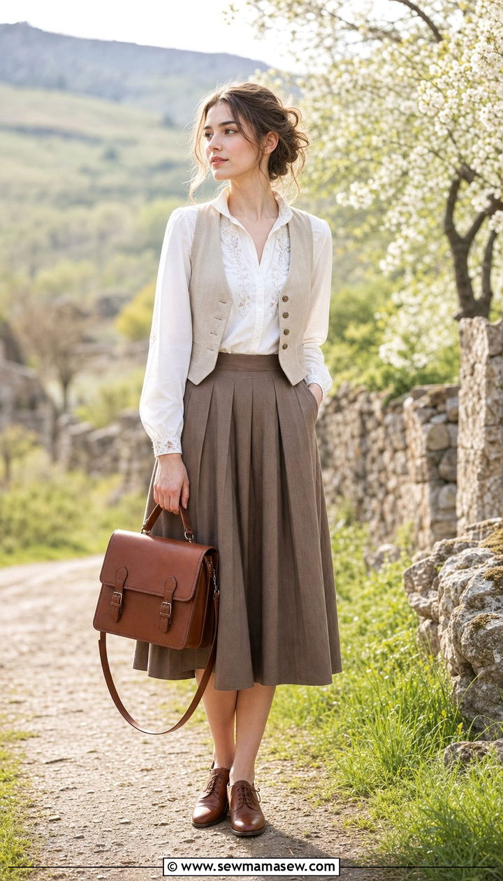 White blouse and cropped vest with pleated midi skirt outfit - 25 spring light academia outfits