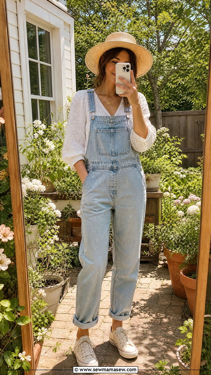 White blouse and light denim overalls - 25 classy cottagecore outfit ideas