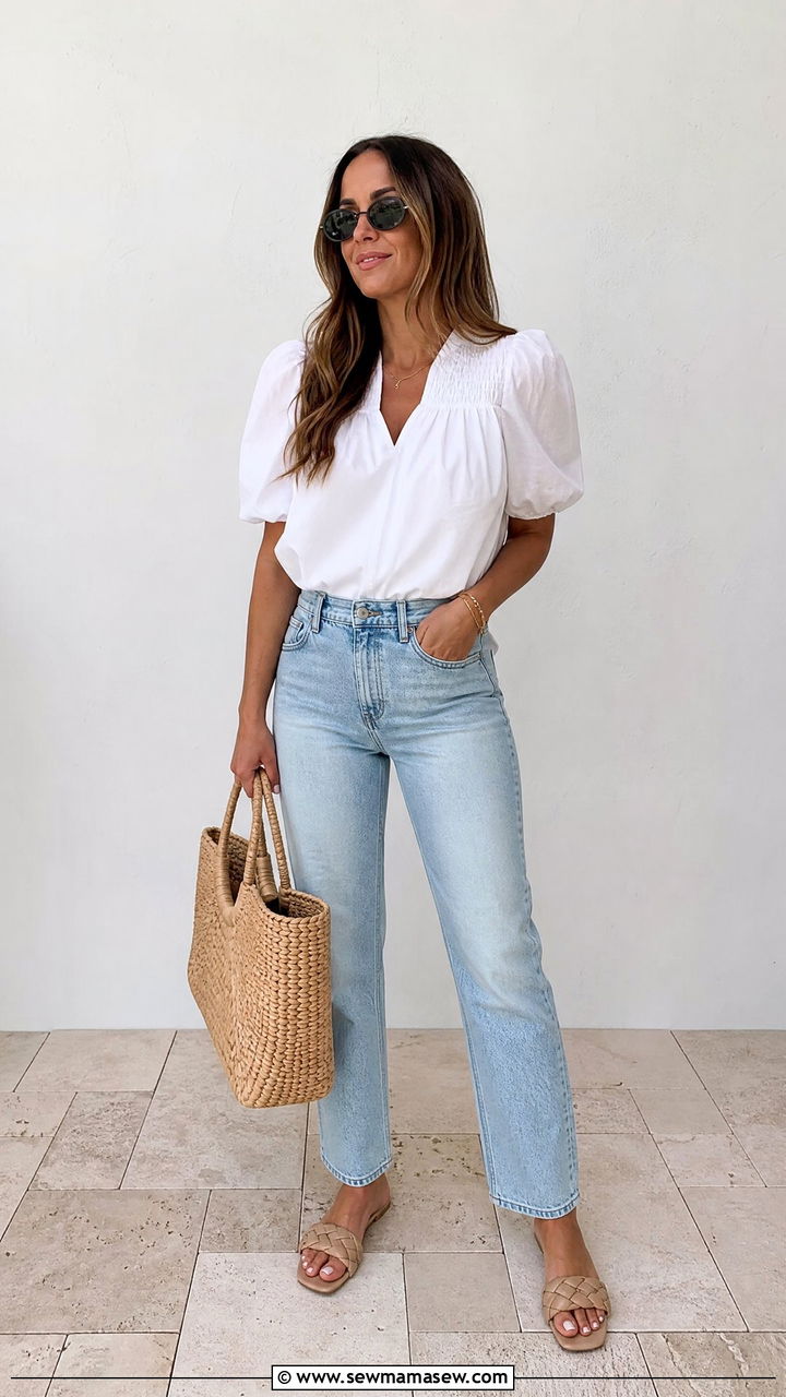 White blouse and light wash jeans - 30 June Father's Day outfit ideas
