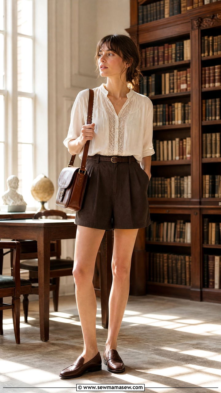 White blouse and tailored shorts dark academia outfit - 30 Dark academia summer outfits