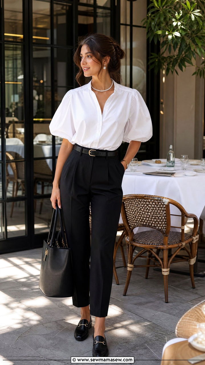 White blouse with black trousers and loafers - 25 High school reunion outfit ideas