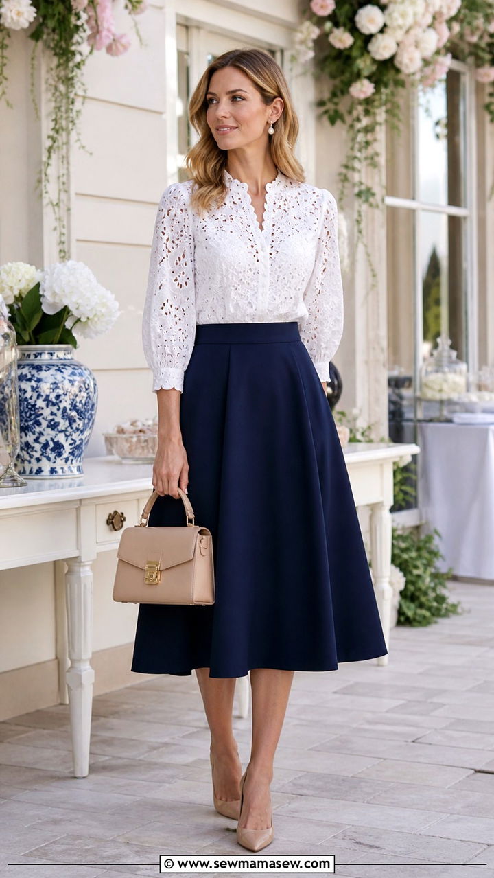 White blouse with navy blue midi skirt outfit - 40 Blue and white outfit ideas