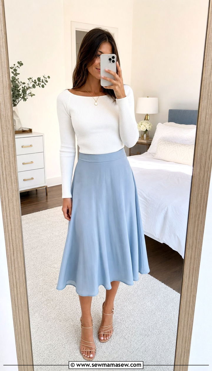 White boatneck top with midi skirt - 25 spring boatneck top outfit ideas