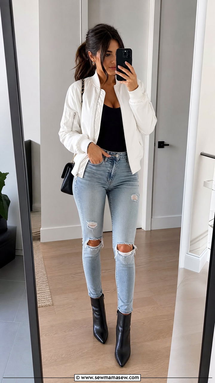 White bomber jacket with light wash ripped jeans - 30 Bomber jacket outfit ideas with jeans