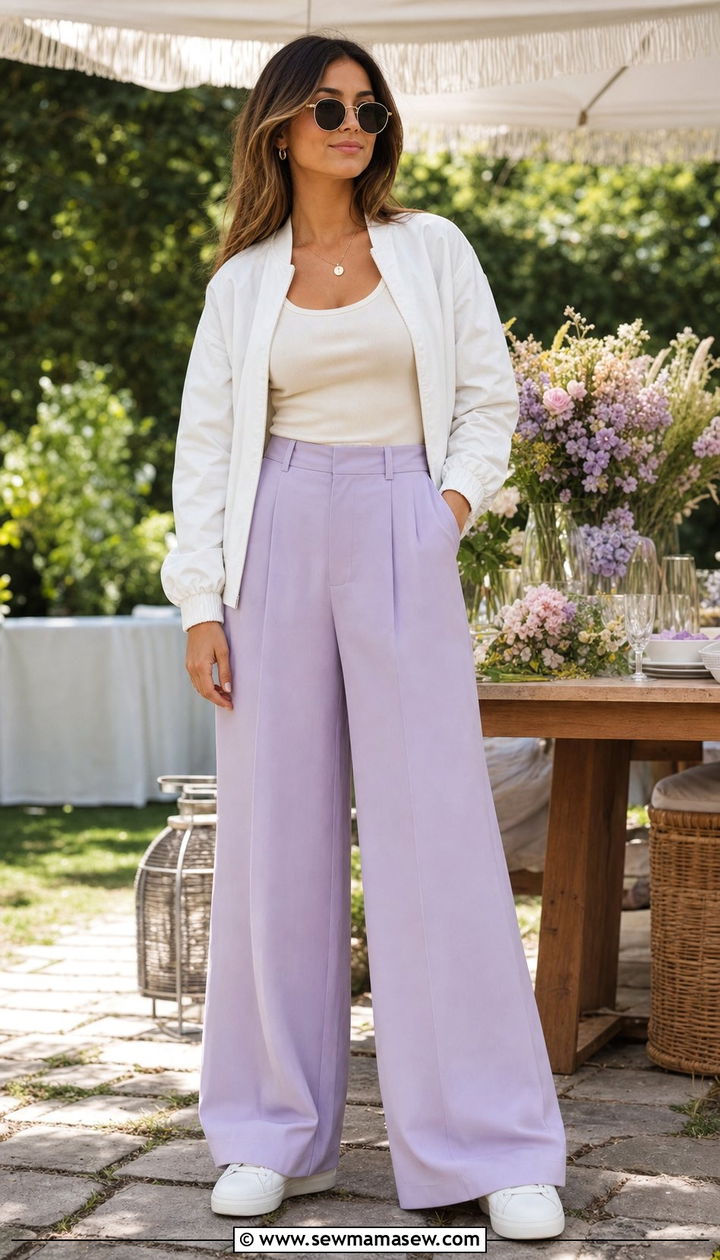 White bomber jacket with pastel wide leg trousers - 25 Spring outfits with bomber jackets