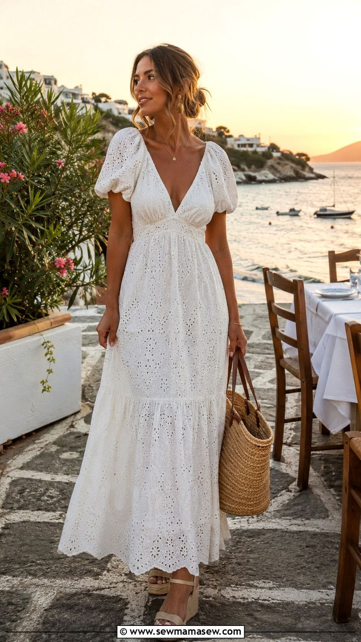 White broderie anglaise maxi dress with espadrilles - 30 Romantic summer outfit ideas