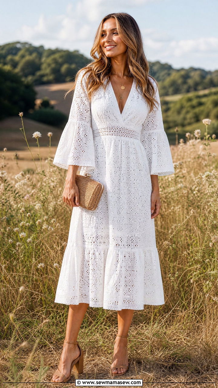 White broderie anglaise midi dress with bell sleeves - 30 Cocktail wedding guest outfit ideas