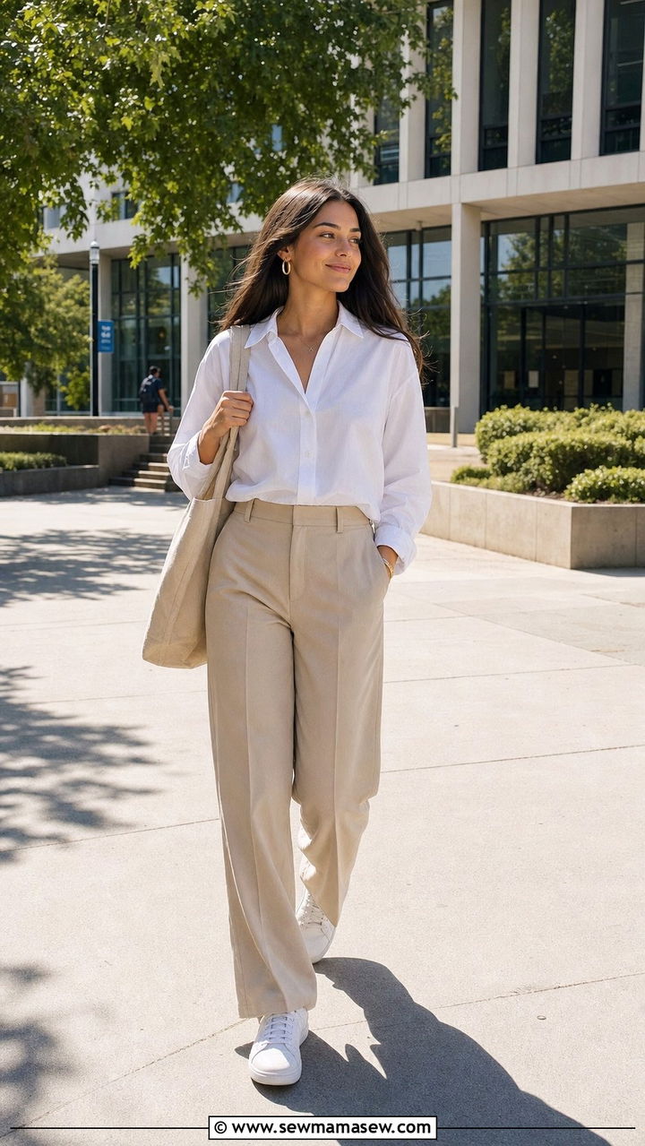 White button down and beige trousers - 25 Clean girl outfit ideas for college