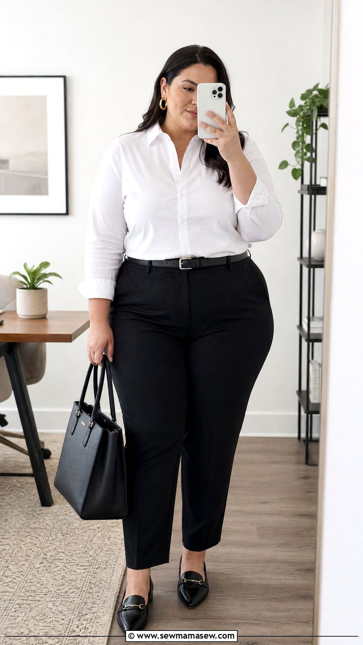 White button down and black trousers outfit - 25 Interview outfit ideas plus size
