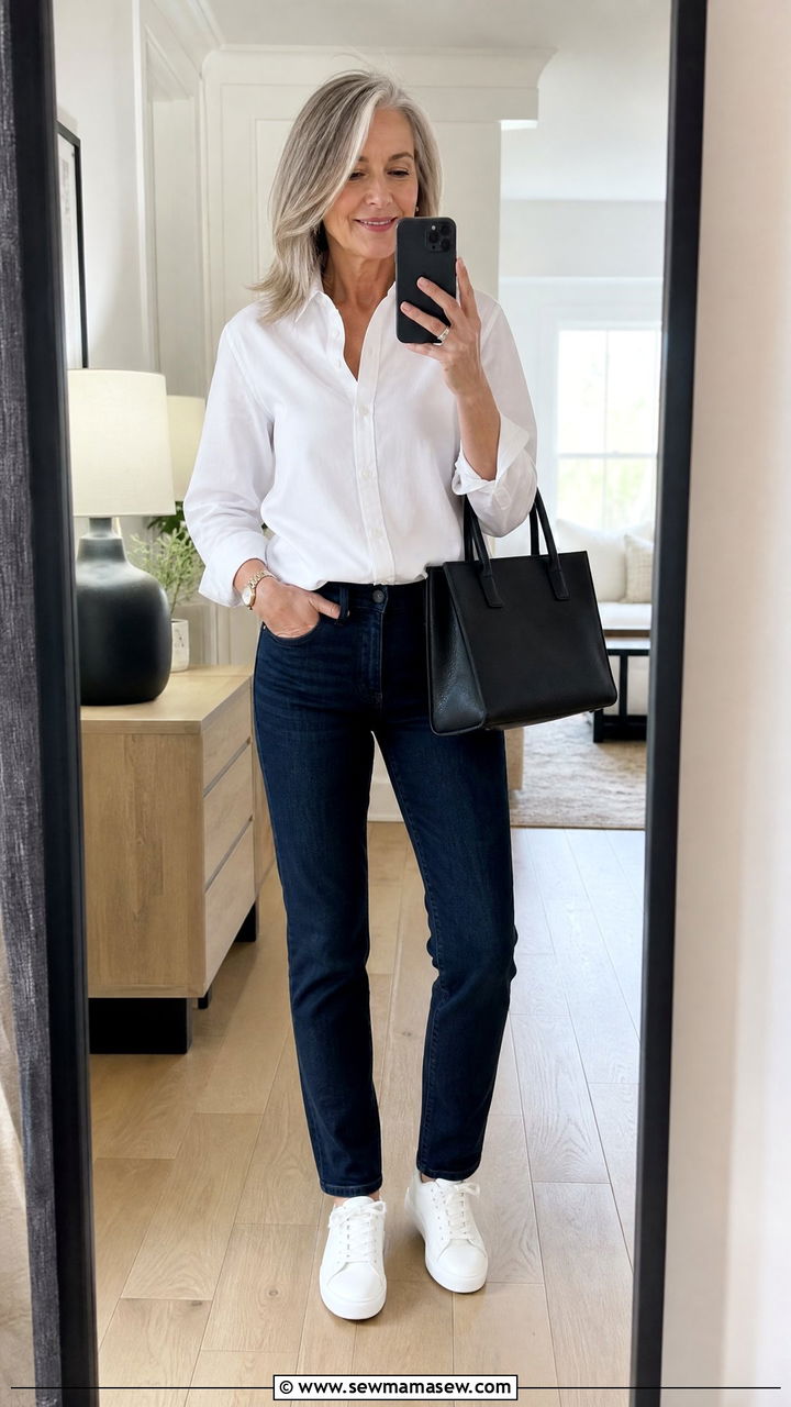 White button down and dark jeans with sneakers outfit - 35 Jeans and sneakers outfit ideas over 50
