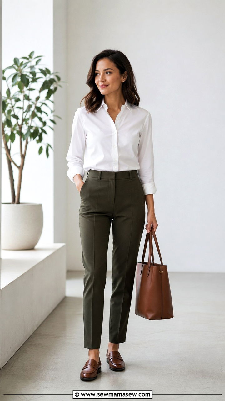White button down and olive trousers - 30 Petite office outfit ideas
