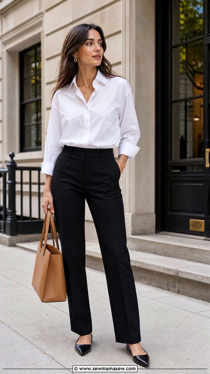 White button down and straight leg trousers - 30 minimalist outfits for women