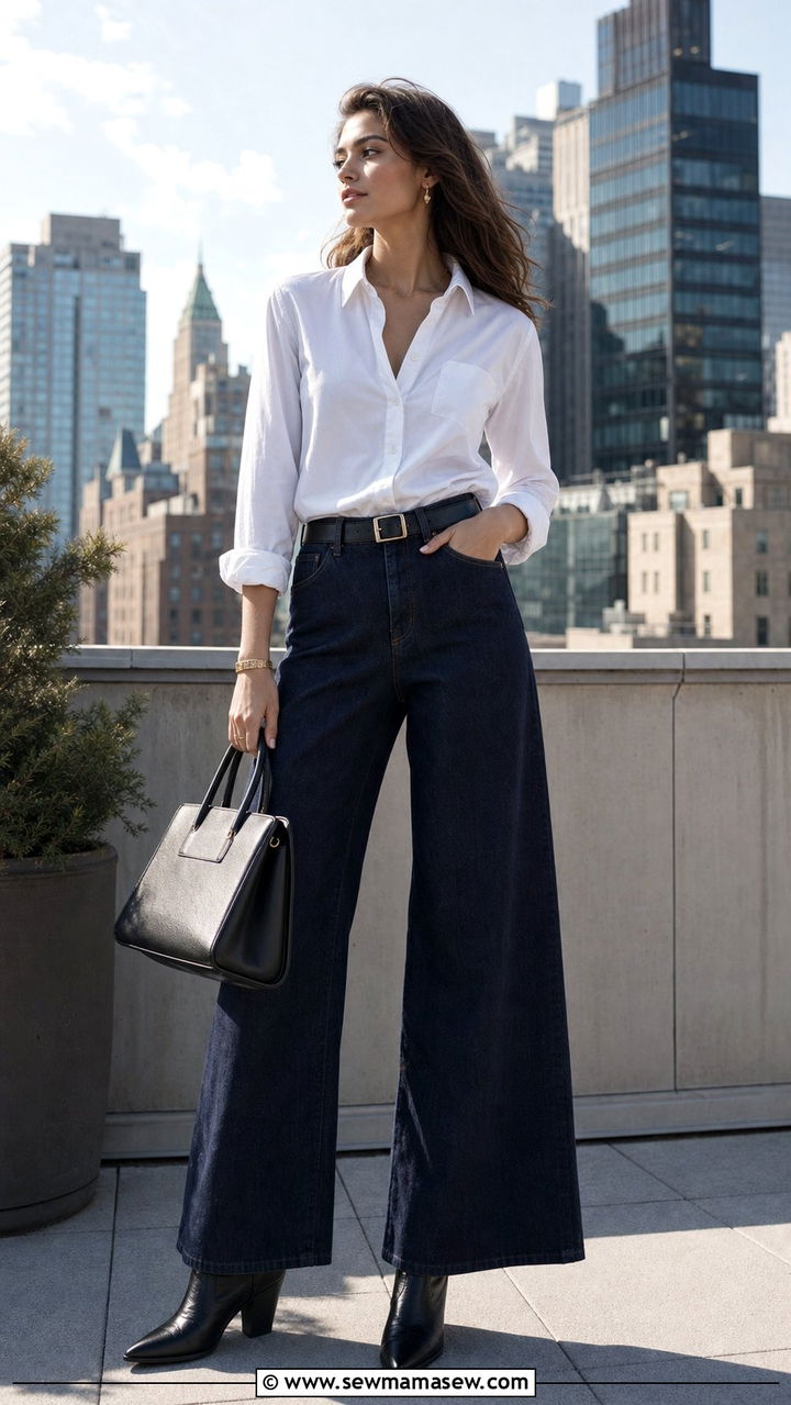 White button down and wide leg jeans - 25 classy western outfit ideas