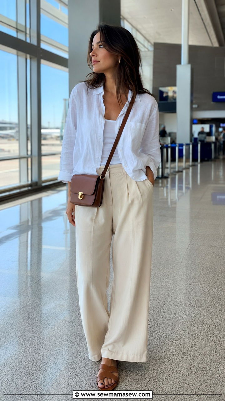 White button down and wide leg trousers - 25 Airport outfit ideas for tropical destination