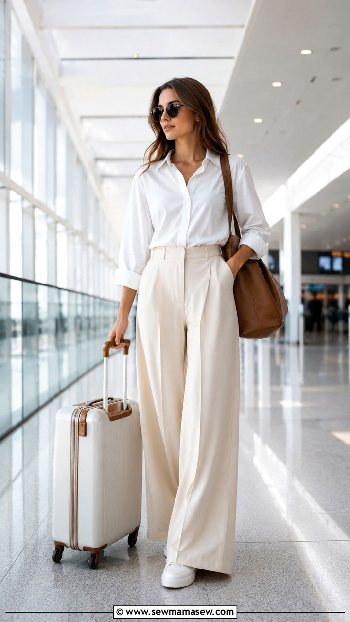 White button down and wide leg trousers travel outfit - 30 Minimalist outfit ideas for travel