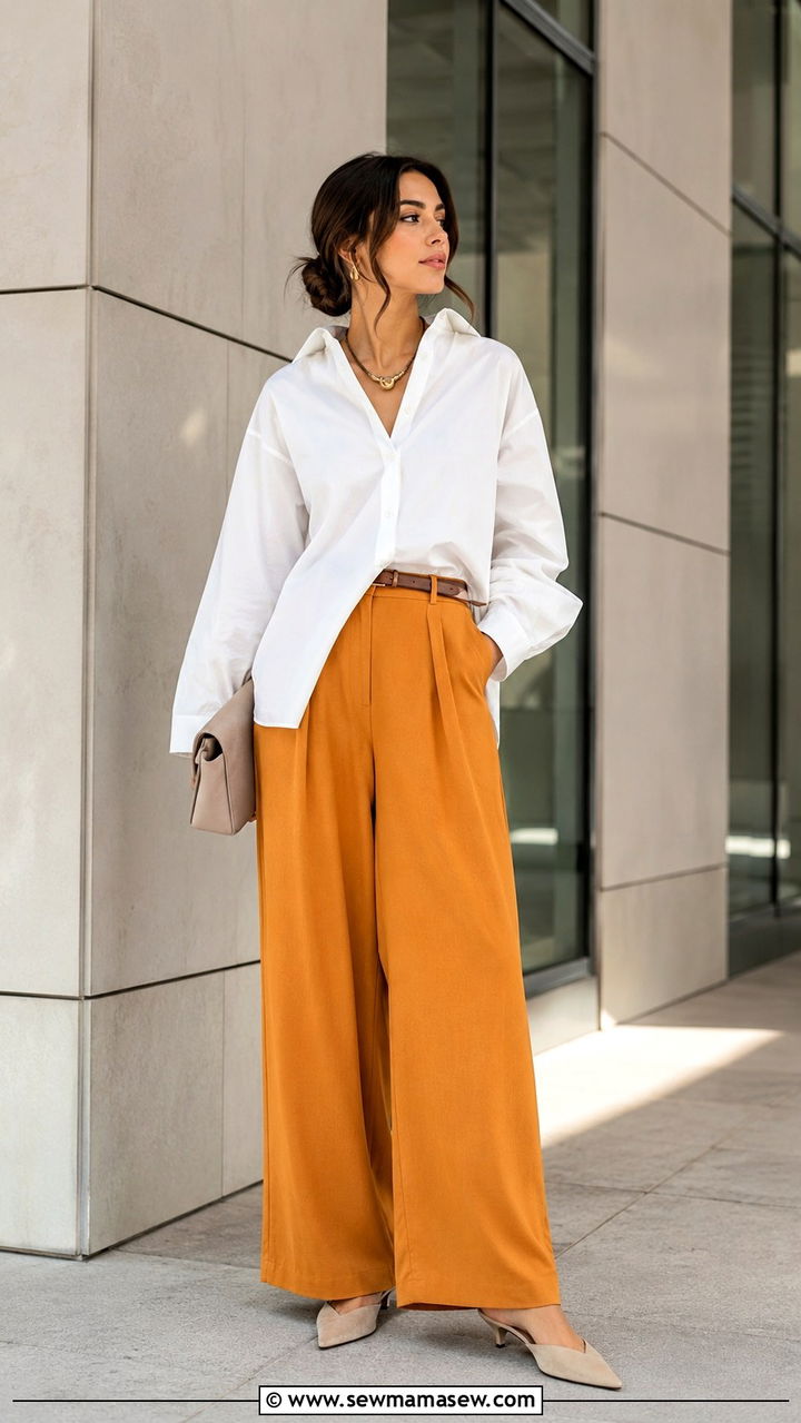 White button down half tucked with wide leg trousers - 30 chic white button down shirt outfit ideas