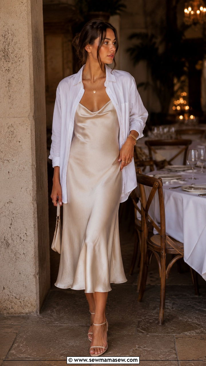 White button down knotted over a slip dress - 30 chic white button down shirt outfit ideas