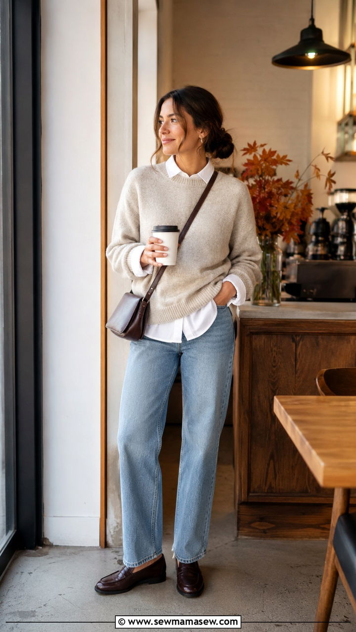 White button down layered under a sweater with jeans - 30 chic white button down shirt outfit ideas