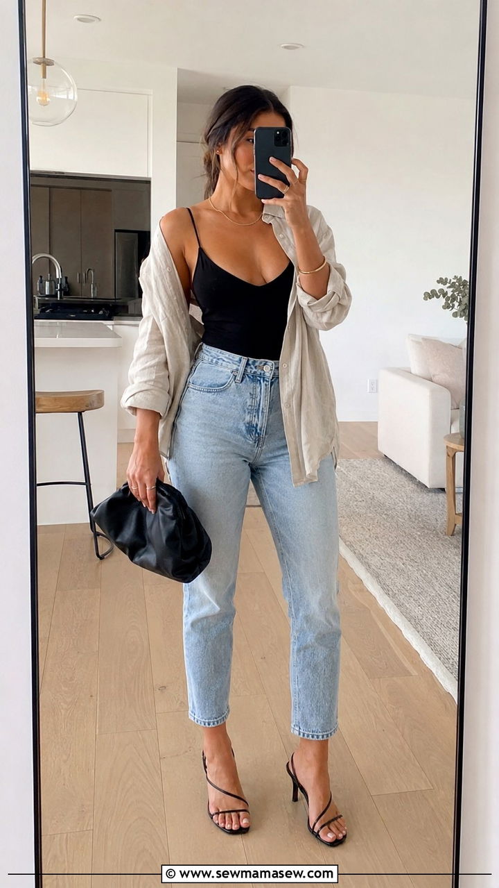 White button down mom jeans heels - 30 Mom jeans outfit ideas with heels