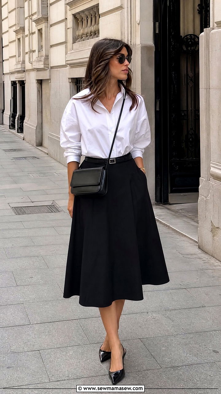 White button down shirt and black midi skirt - 35 Minimalist spring outfits