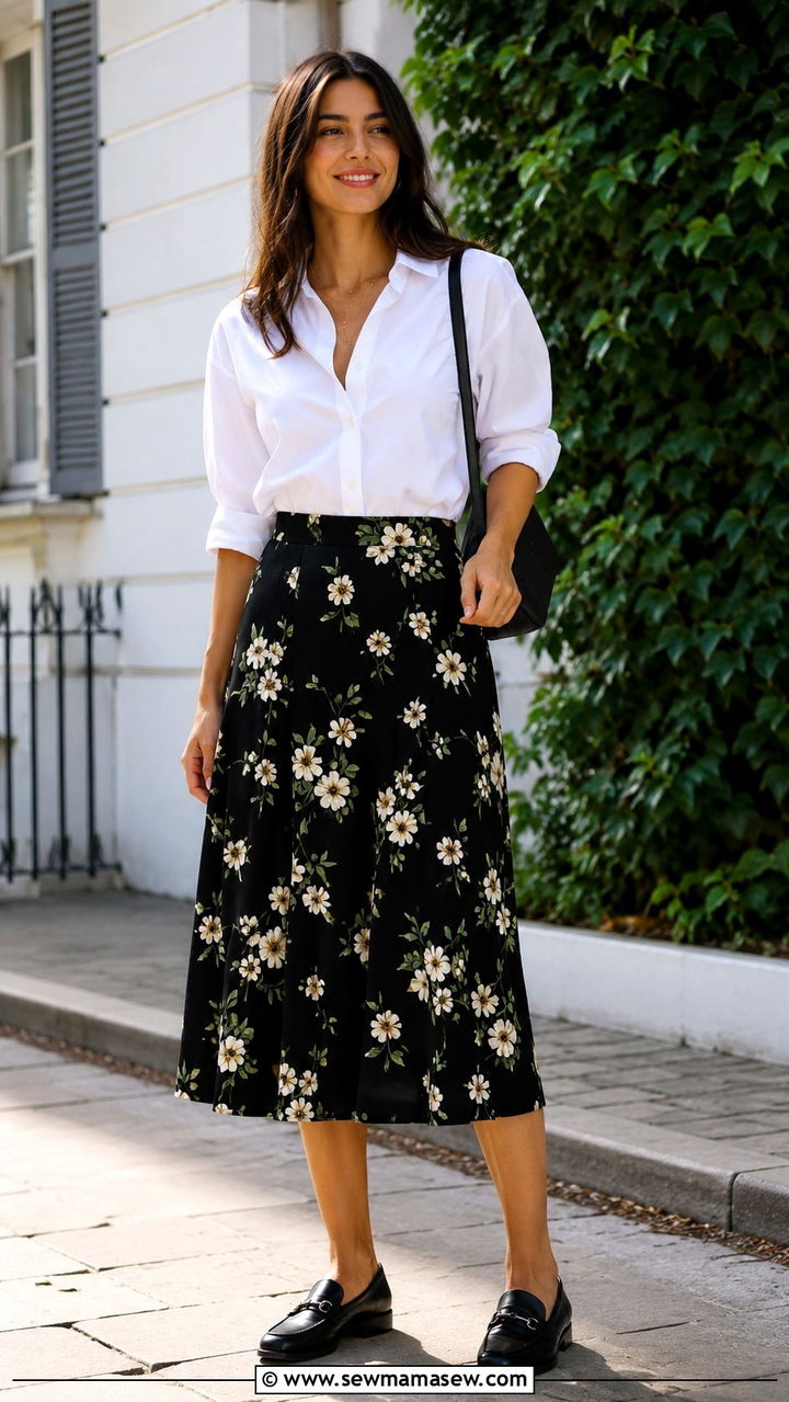 White button down shirt and floral midi skirt - 30 Spring minimalist outfits 2026