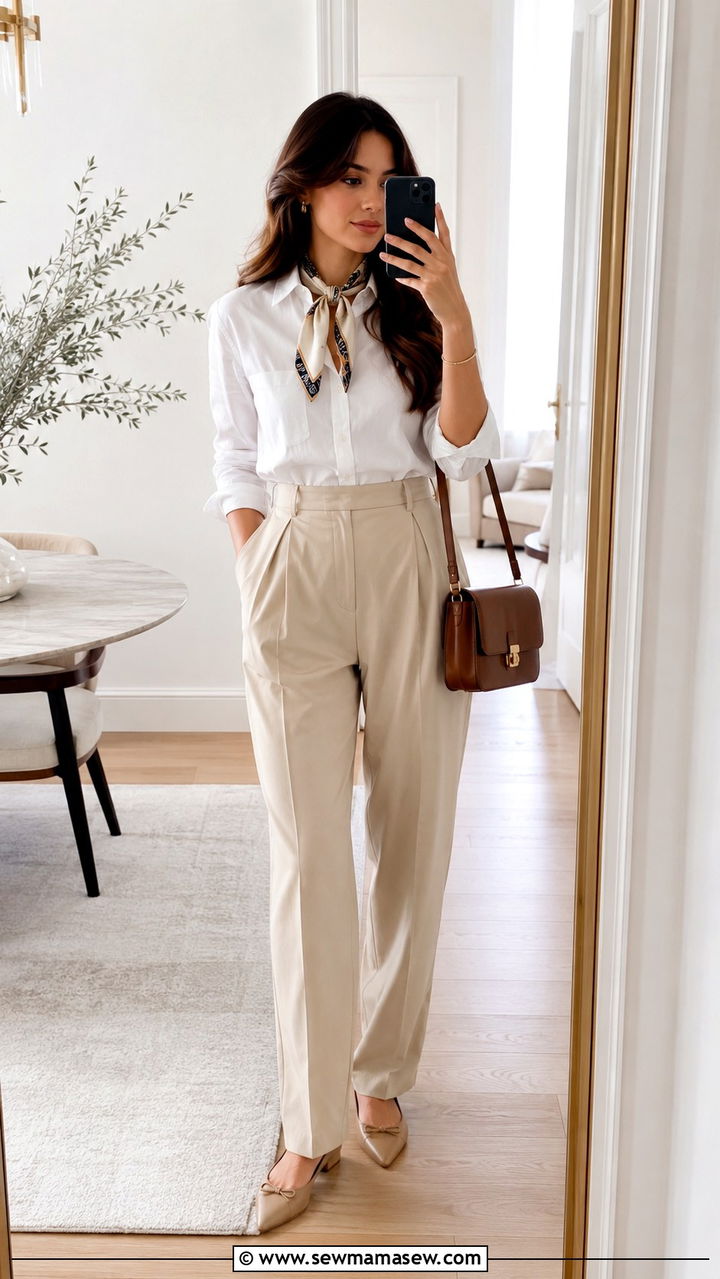 White button down shirt and silk scarf - 25 Old money outfit ideas with silk scarf