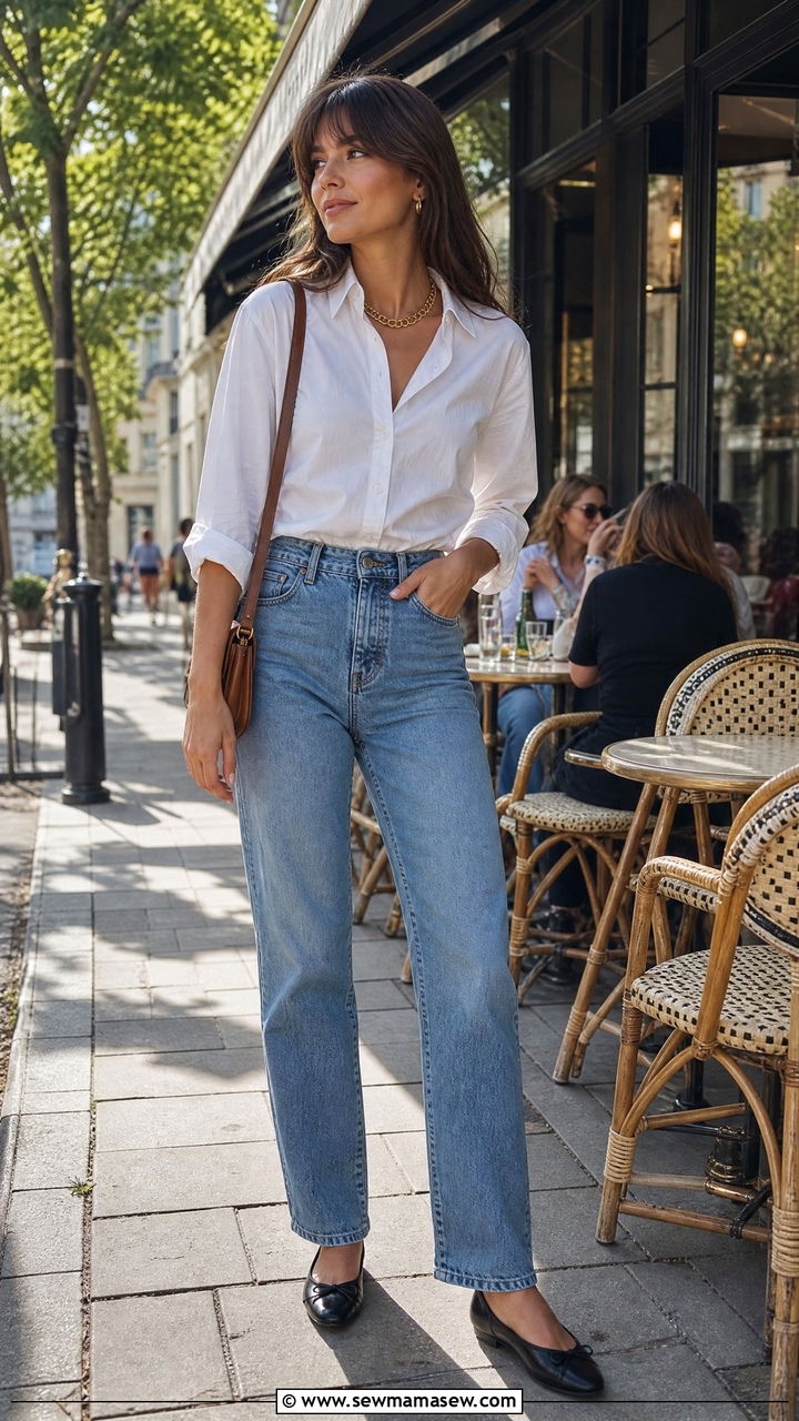 White button down shirt jeans ballet flats - 30 French girl outfit ideas for brunch