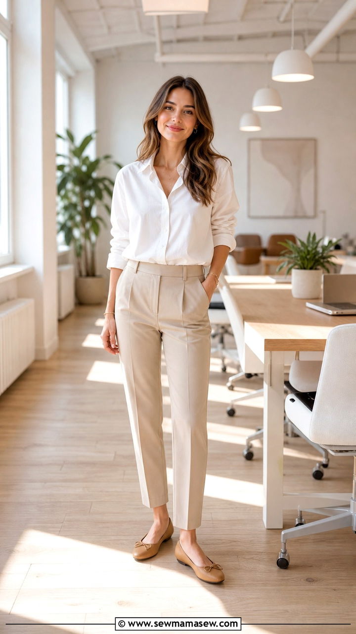 White button down shirt with beige tailored trousers and ballet flats outfit - 40 New job outfit ideas