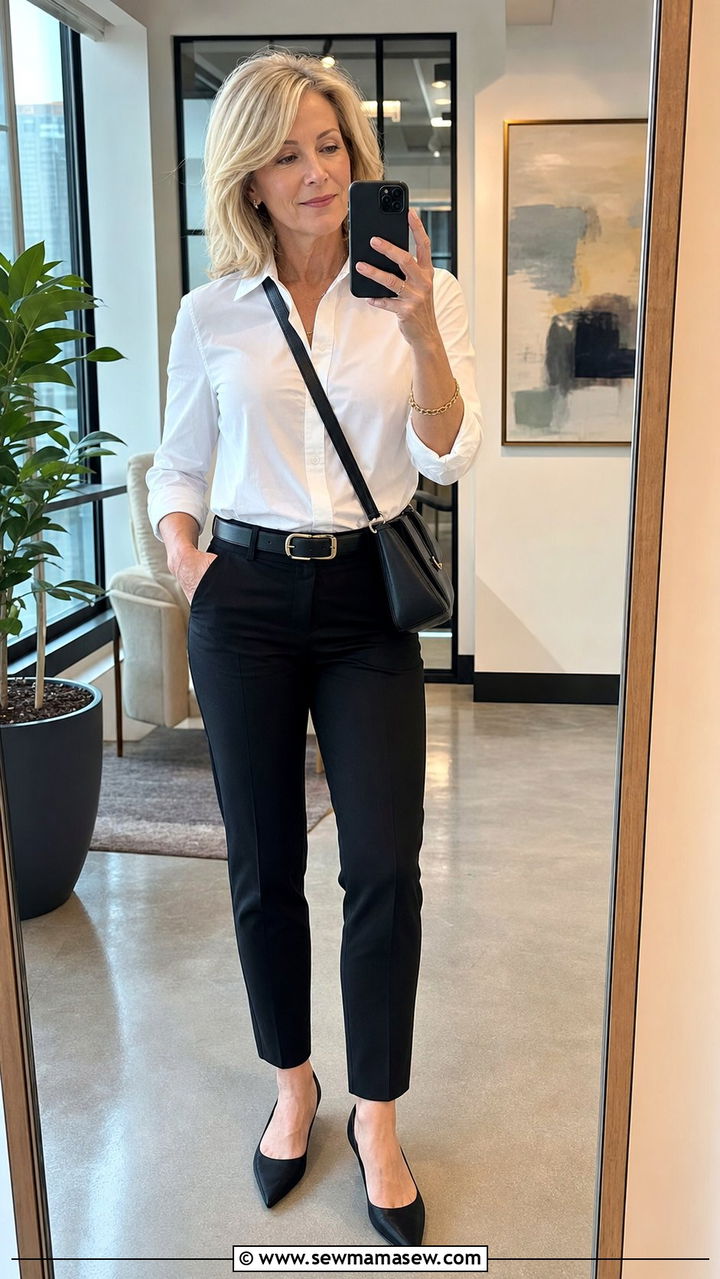 White button down shirt with black ankle pants outfit - 35 Business casual outfits for women over 50