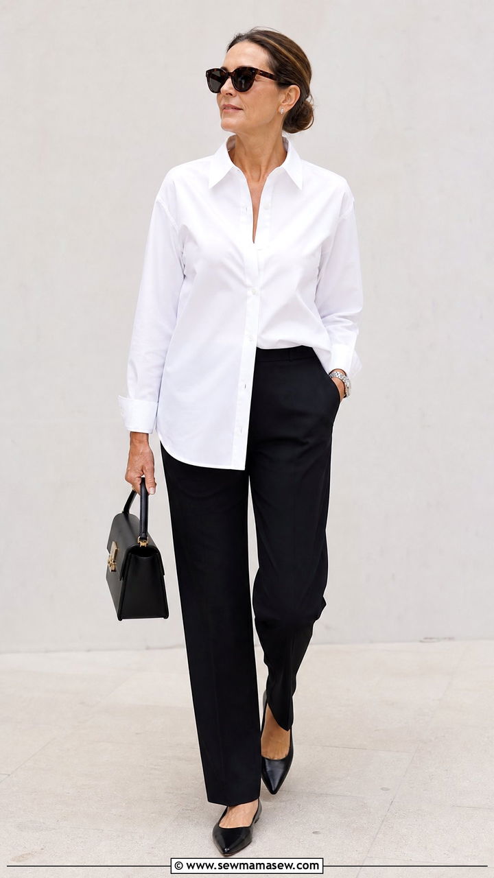 White button down shirt with black tailored trousers and pointed flats - 25 model off duty outfit ideas for women over 40