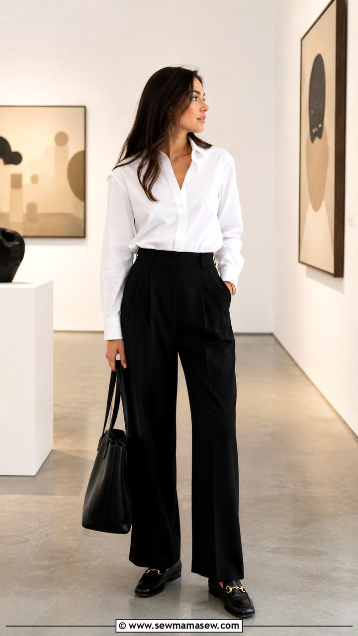White button down shirt with black wide leg trousers and loafers - 25 Outfit ideas for women over 50 elevated casual