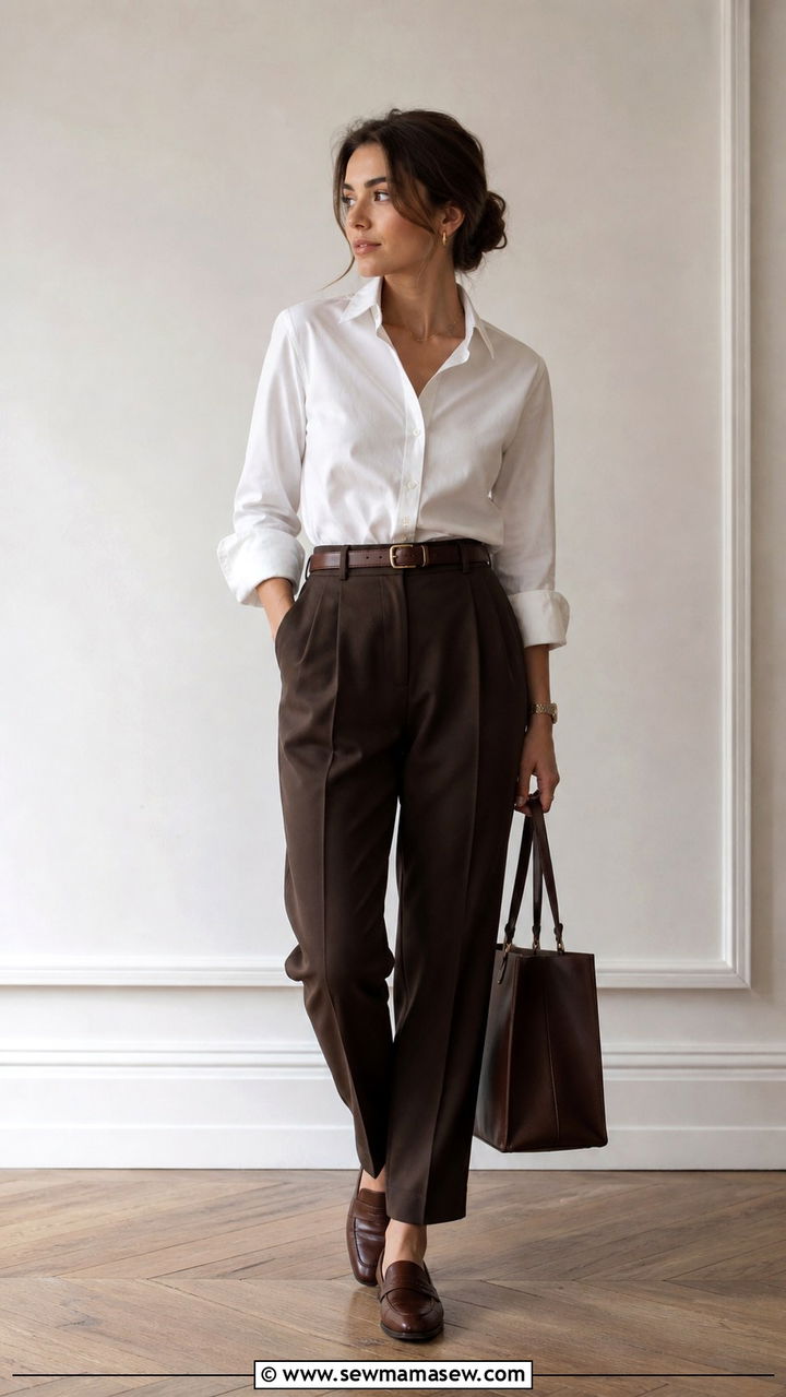 White button down shirt with brown tailored trousers and loafers outfit - 40 light academia outfits
