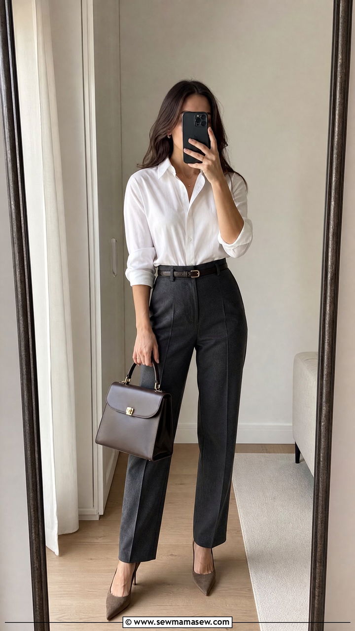 White button down shirt with high waisted trousers - 25 Old money outfit ideas with trousers