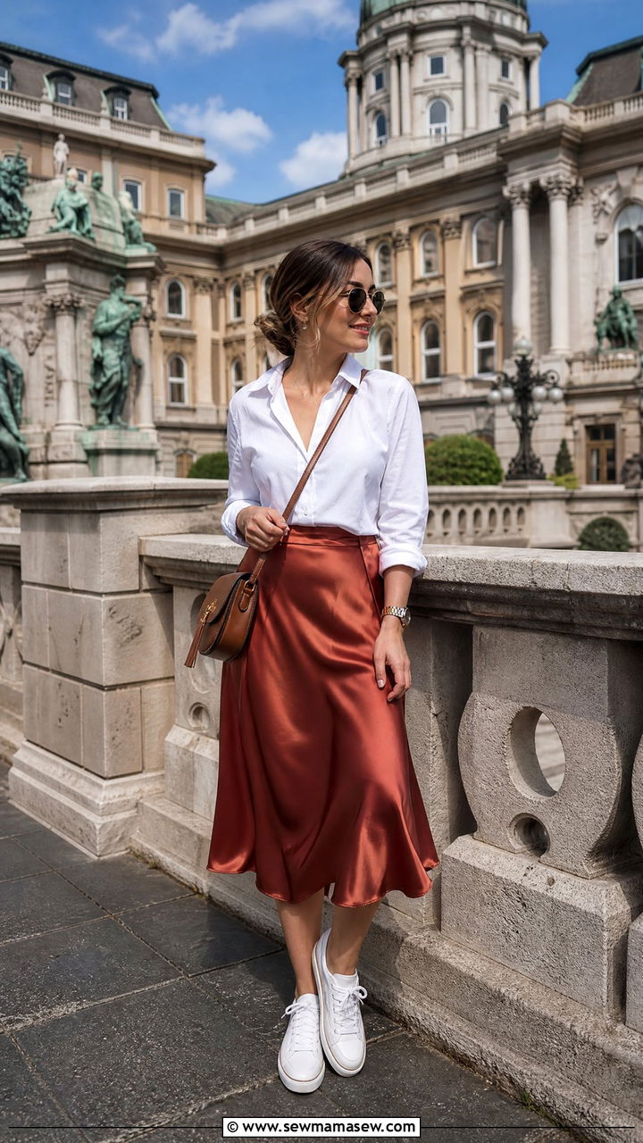 White button down shirt with midi skirt Budapest outfit - 25 Budapest outfit ideas