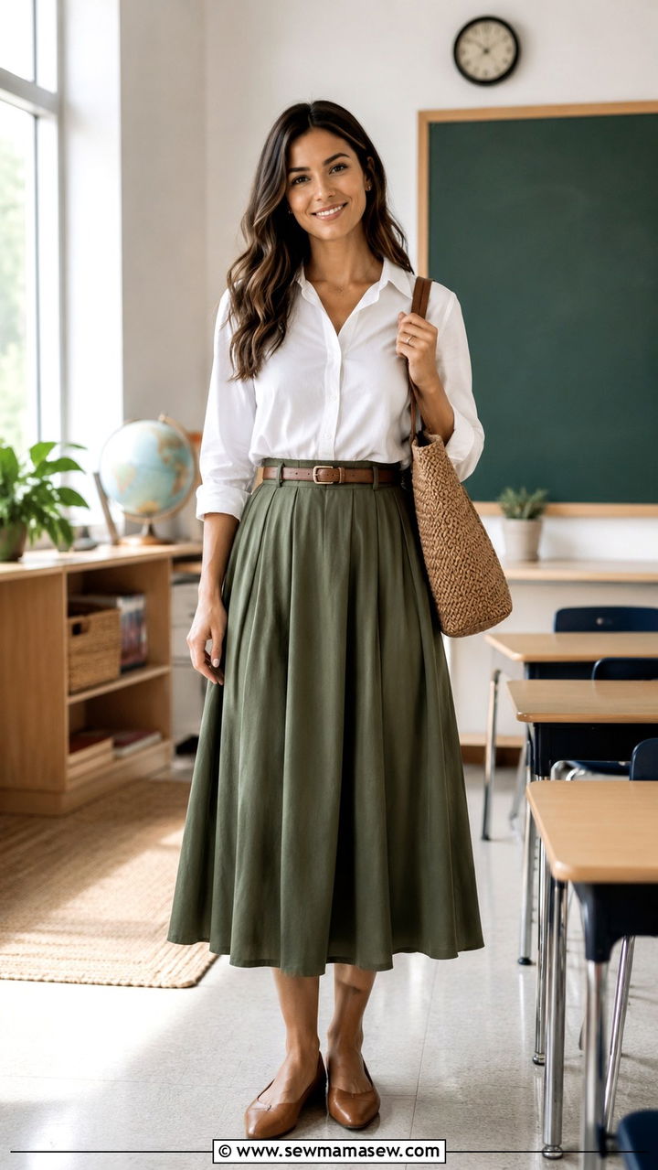 White button down shirt with midi skirt outfit - 30 Interview outfit ideas for teachers