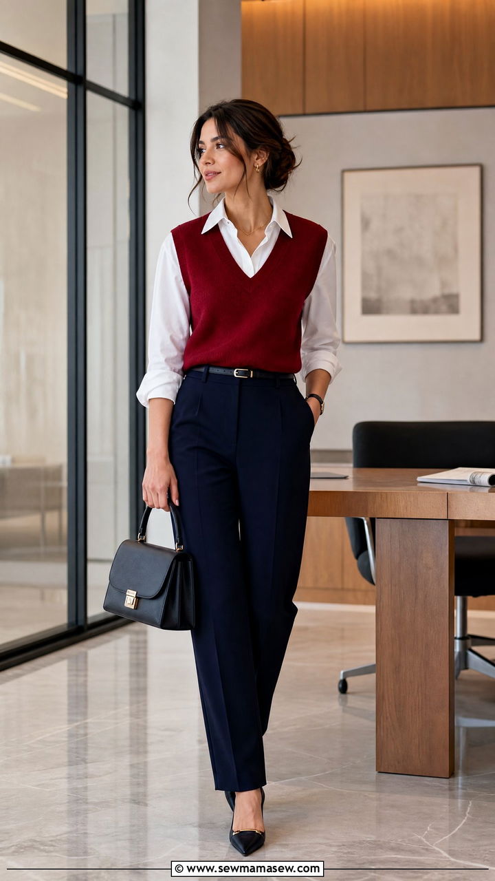 White button down under a sleeveless knit vest with trousers - 30 chic white button down shirt outfit ideas