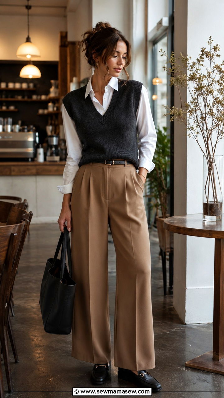 White button down under a sweater vest with trousers - 30 chic white button down shirt outfit ideas