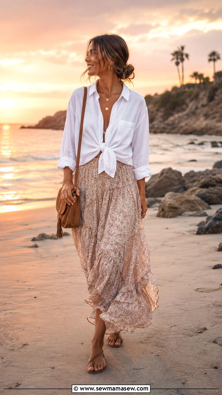 White button down with a maxi skirt and flat sandals - 30 chic white button down shirt outfit ideas