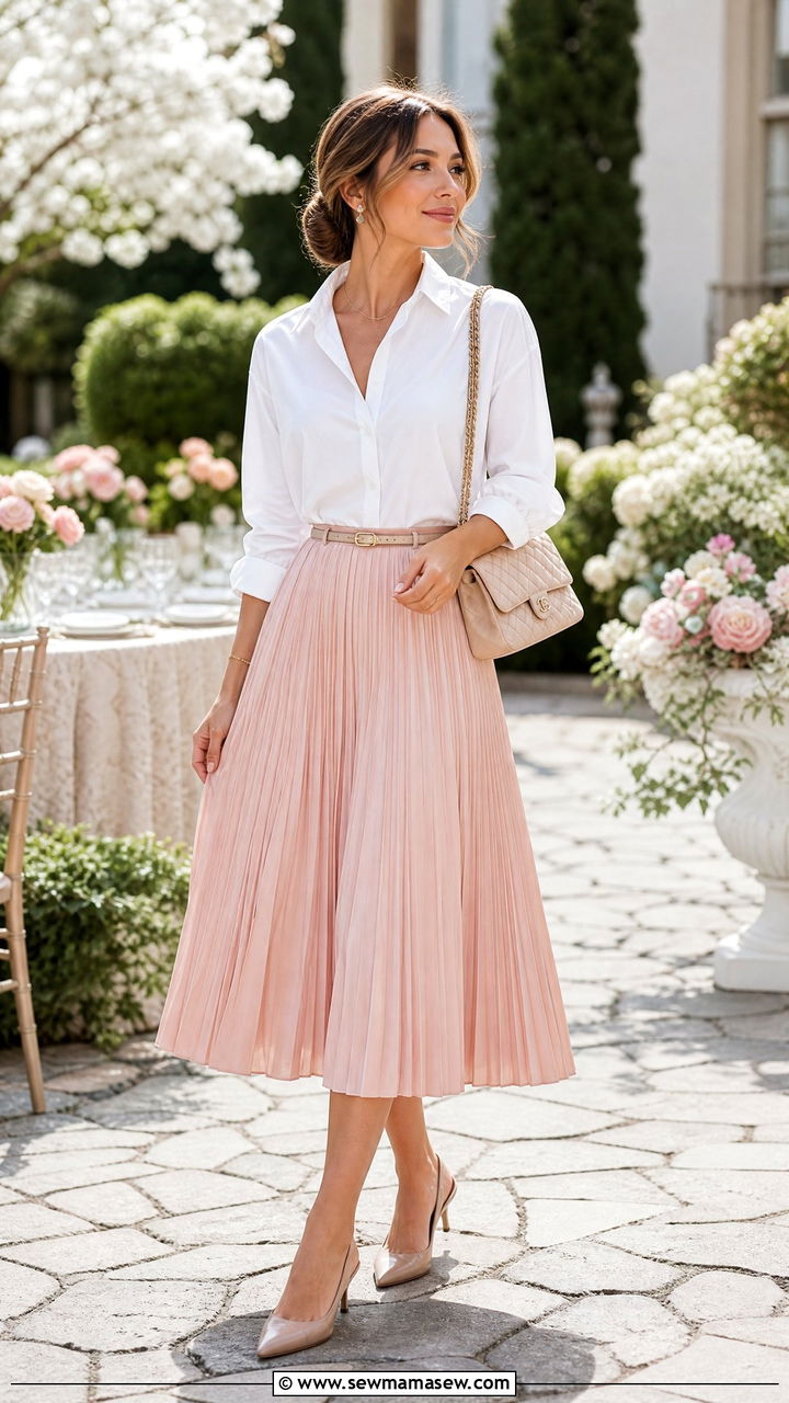 White button down with a pleated midi skirt and kitten heels - 30 chic white button down shirt outfit ideas