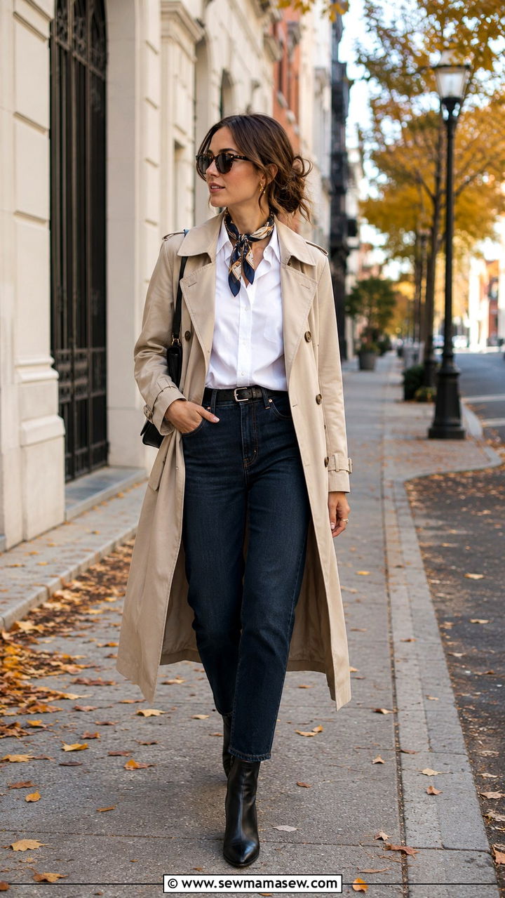 White button down with a trench coat and ankle boots - 30 chic white button down shirt outfit ideas