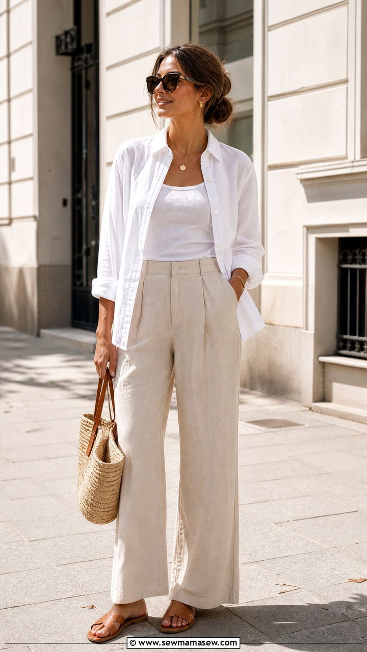 White button down with beige wide leg pants - 20 Simple summer outfit ideas 2026