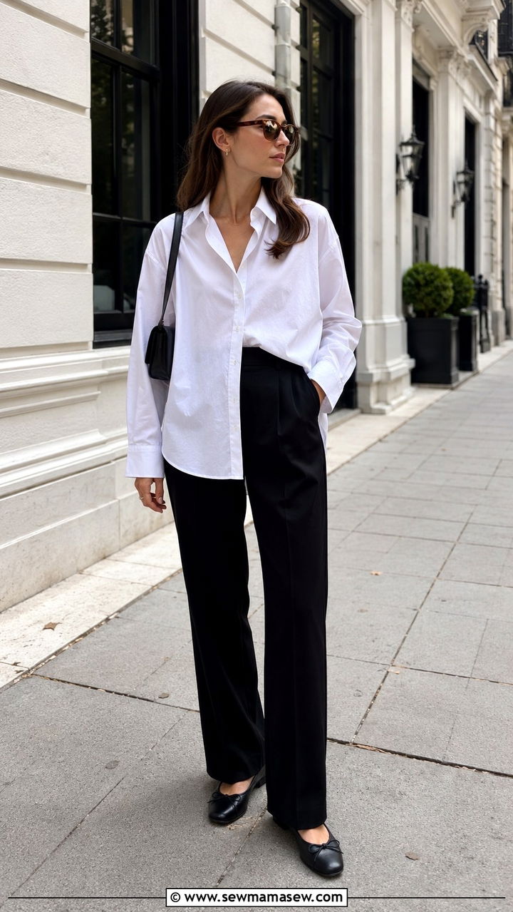 White button down with black tailored trousers and ballet flats - 30 chic white button down shirt outfit ideas