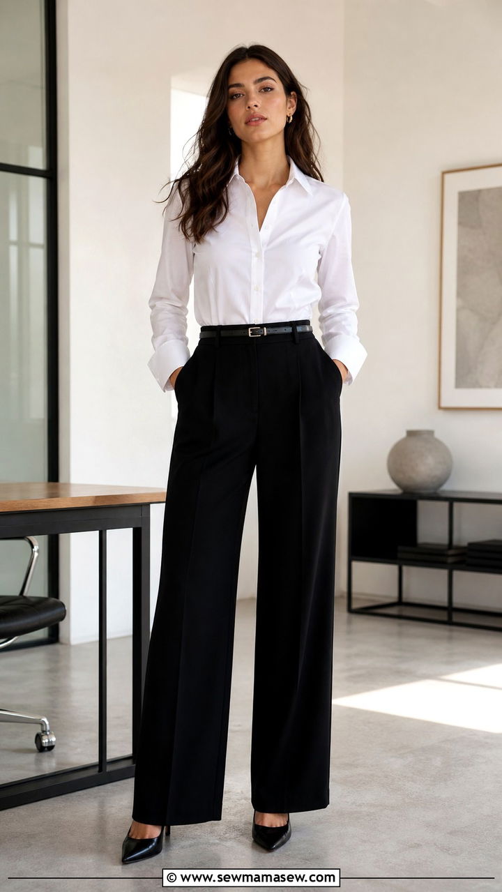 White button down with black wide leg pants - 40 Business professional outfit ideas