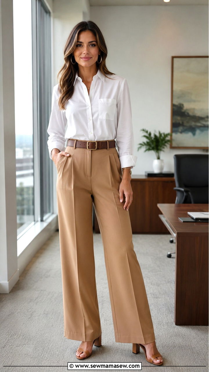 White button down with camel trousers and heels - 30 Spring outfit ideas for realtor